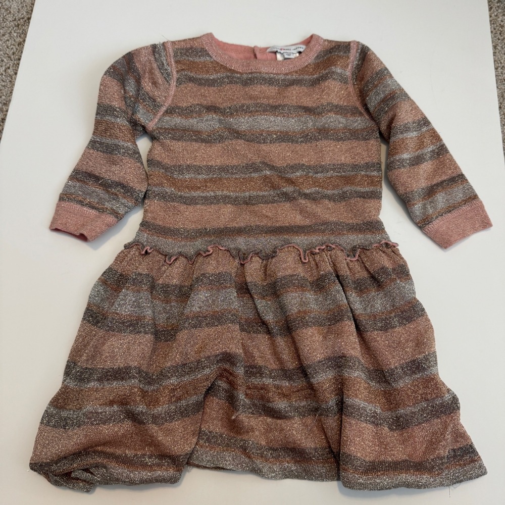 Little Marc Jacobs Girls 12M Pink Silver Metallic Striped Ruffle Knit Dress
